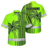 Hi Vis Hawaiian Shirt Reflective Tapes Lime Neon Polynesian And Tree Custom Name Safety Workwear For Workers, Truckers, Operators
