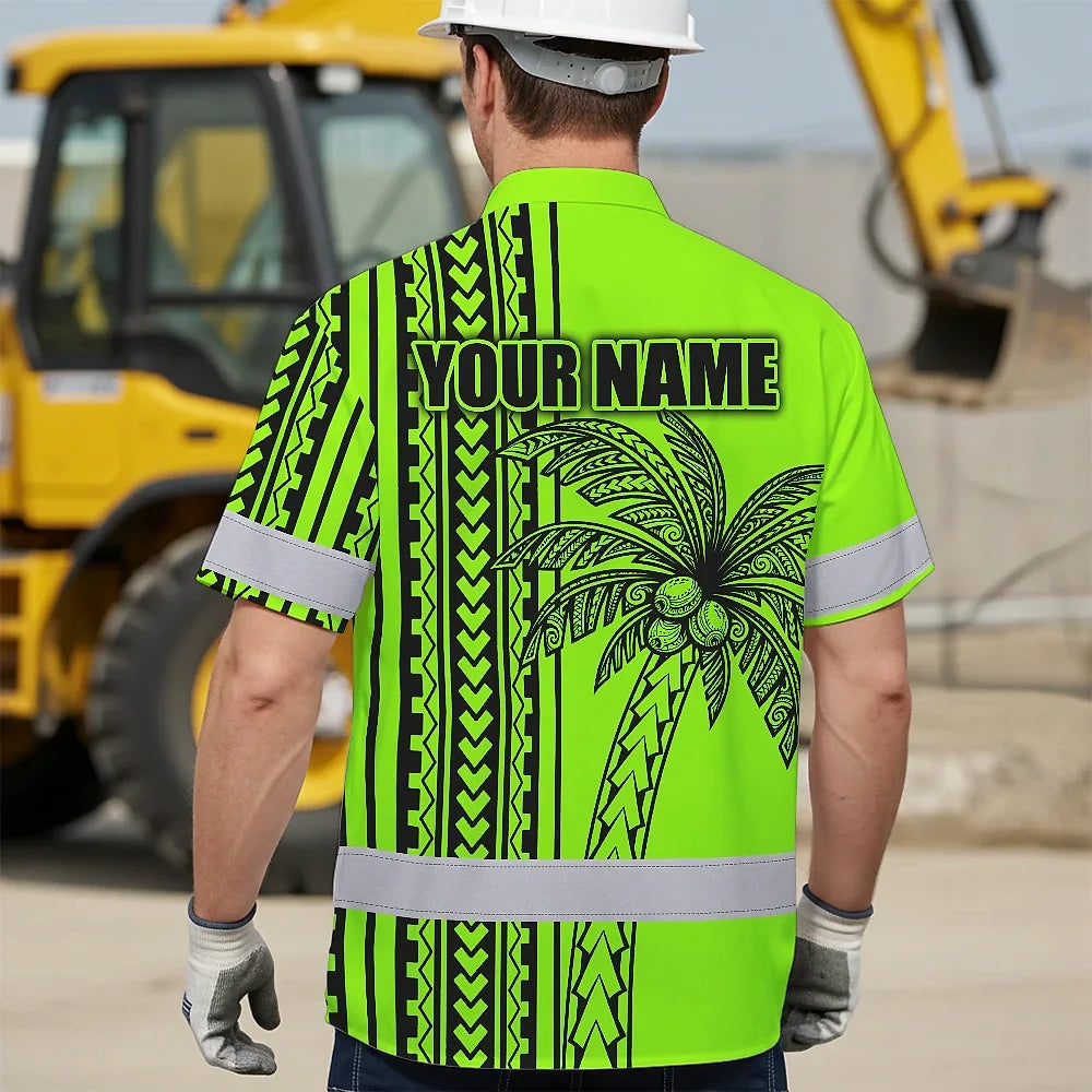 Hi Vis Hawaiian Shirt Reflective Tapes Lime Neon Polynesian And Tree Custom Name Safety Workwear For Workers, Truckers, Operators
