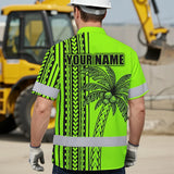 Hi Vis Hawaiian Shirt Reflective Tapes Lime Neon Polynesian And Tree Custom Name Safety Workwear For Workers, Truckers, Operators