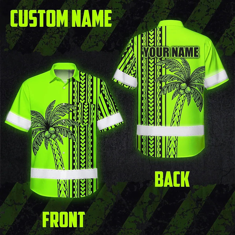 Hi Vis Hawaiian Shirt Reflective Tapes Lime Neon Polynesian And Tree Custom Name Safety Workwear For Workers, Truckers, Operators