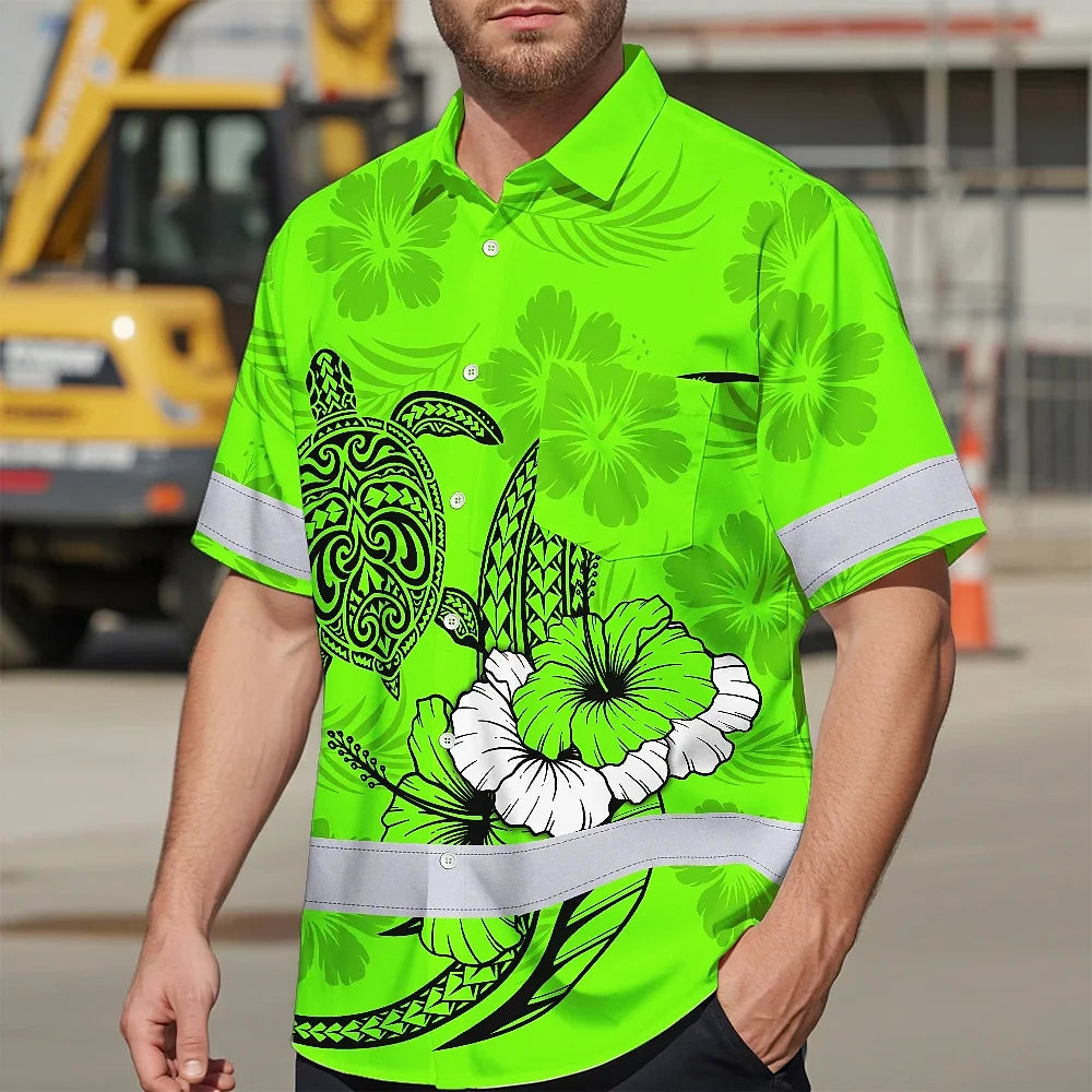Hi Vis Hawaiian Shirt Reflective Tapes Lime Neon Polynesian Custom Name Safety Workwear For Workers, Truckers, Operators