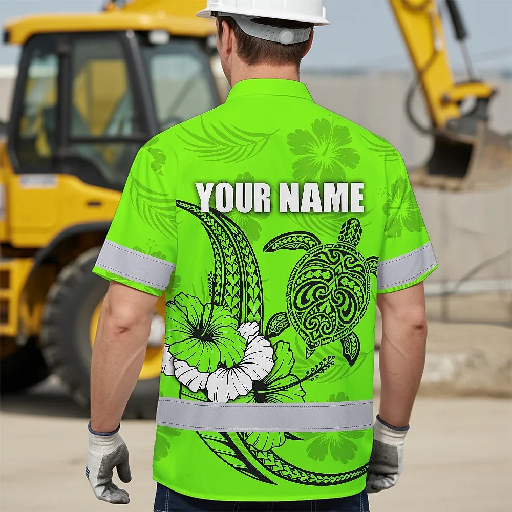 Hi Vis Hawaiian Shirt Reflective Tapes Lime Neon Polynesian Custom Name Safety Workwear For Workers, Truckers, Operators
