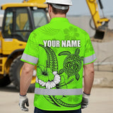 Hi Vis Hawaiian Shirt Reflective Tapes Lime Neon Polynesian Custom Name Safety Workwear For Workers, Truckers, Operators