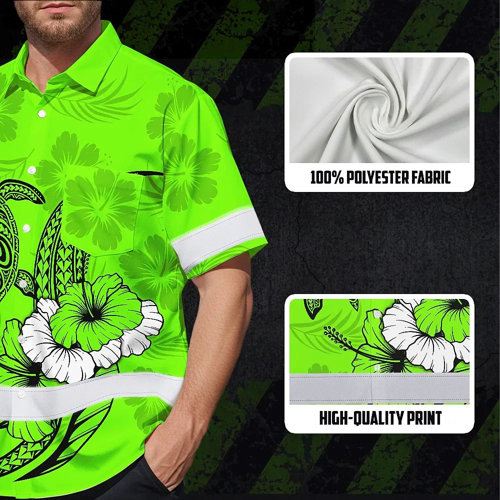 Hi Vis Hawaiian Shirt Reflective Tapes Lime Neon Polynesian Custom Name Safety Workwear For Workers, Truckers, Operators