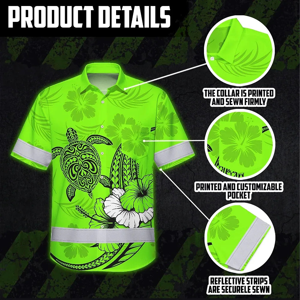 Hi Vis Hawaiian Shirt Reflective Tapes Lime Neon Polynesian Custom Name Safety Workwear For Workers, Truckers, Operators