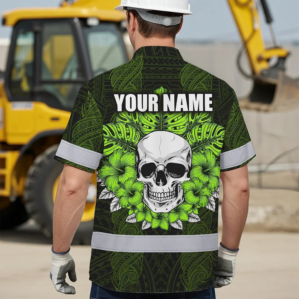 Hi Vis Hawaiian Shirt Reflective Tapes Lime Neon Polynesian Skull Custom Name Safety Workwear For Workers, Truckers, Operators