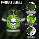 Hi Vis Hawaiian Shirt Reflective Tapes Lime Neon Polynesian Skull Custom Name Safety Workwear For Workers, Truckers, Operators
