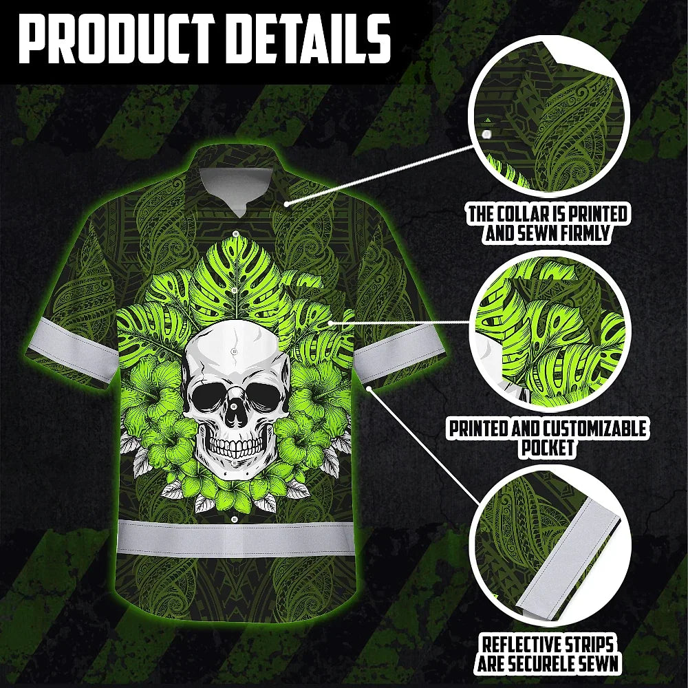 Hi Vis Hawaiian Shirt Reflective Tapes Lime Neon Polynesian Skull Custom Name Safety Workwear For Workers, Truckers, Operators