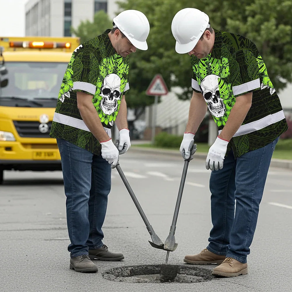 Hi Vis Hawaiian Shirt Reflective Tapes Lime Neon Polynesian Skull Custom Name Safety Workwear For Workers, Truckers, Operators