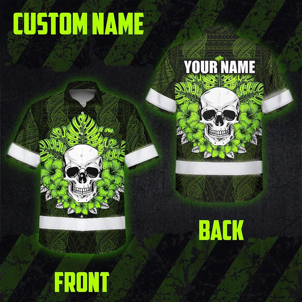 Hi Vis Hawaiian Shirt Reflective Tapes Lime Neon Polynesian Skull Custom Name Safety Workwear For Workers, Truckers, Operators