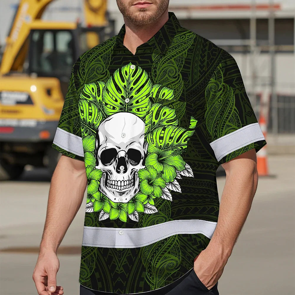 Hi Vis Hawaiian Shirt Reflective Tapes Lime Neon Polynesian Skull Custom Name Safety Workwear For Workers, Truckers, Operators