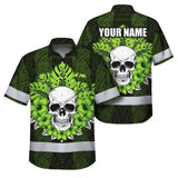 Hi Vis Hawaiian Shirt Reflective Tapes Lime Neon Polynesian Skull Custom Name Safety Workwear For Workers, Truckers, Operators