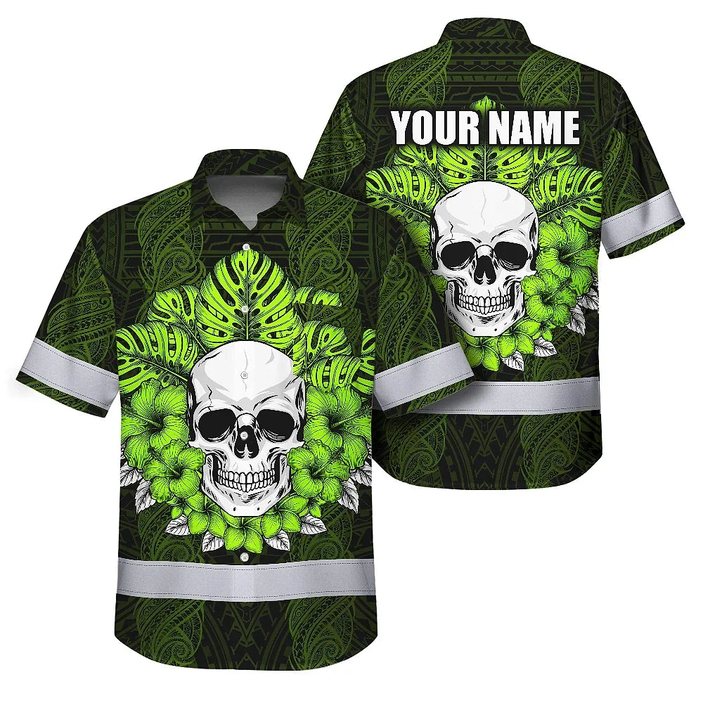 Hi Vis Hawaiian Shirt Reflective Tapes Lime Neon Polynesian Skull Custom Name Safety Workwear For Workers, Truckers, Operators