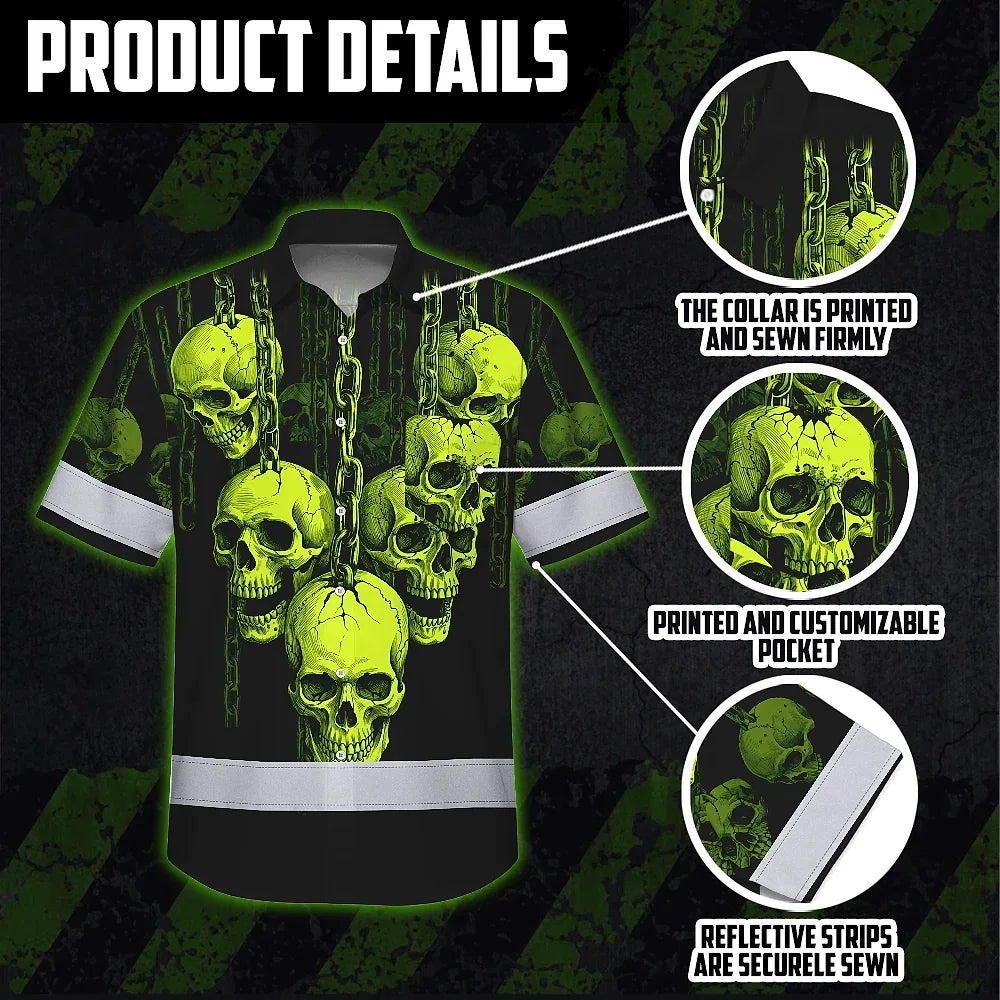 Hi Vis Hawaiian Shirt Reflective Tapes Lime Neon Skull Chain Custom Name Safety Workwear For Workers, Truckers, Operators