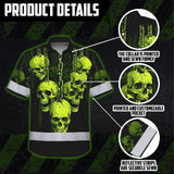 Hi Vis Hawaiian Shirt Reflective Tapes Lime Neon Skull Chain Custom Name Safety Workwear For Workers, Truckers, Operators