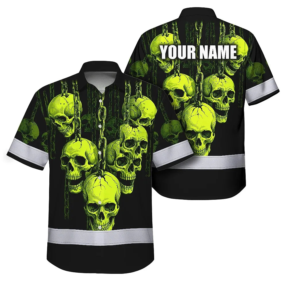 Hi Vis Hawaiian Shirt Reflective Tapes Lime Neon Skull Chain Custom Name Safety Workwear For Workers, Truckers, Operators