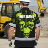 Hi Vis Hawaiian Shirt Reflective Tapes Lime Neon Skull Chain Custom Name Safety Workwear For Workers, Truckers, Operators