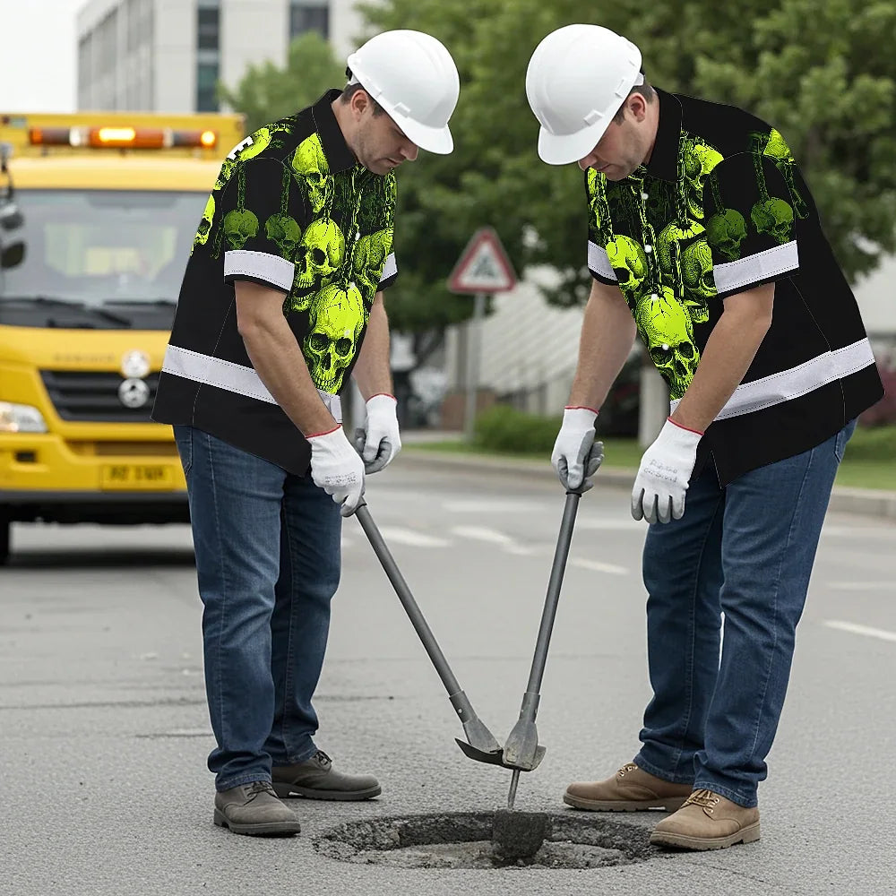 Hi Vis Hawaiian Shirt Reflective Tapes Lime Neon Skull Chain Custom Name Safety Workwear For Workers, Truckers, Operators