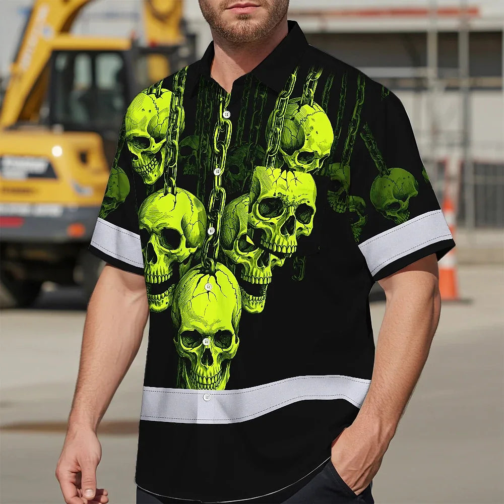 Hi Vis Hawaiian Shirt Reflective Tapes Lime Neon Skull Chain Custom Name Safety Workwear For Workers, Truckers, Operators
