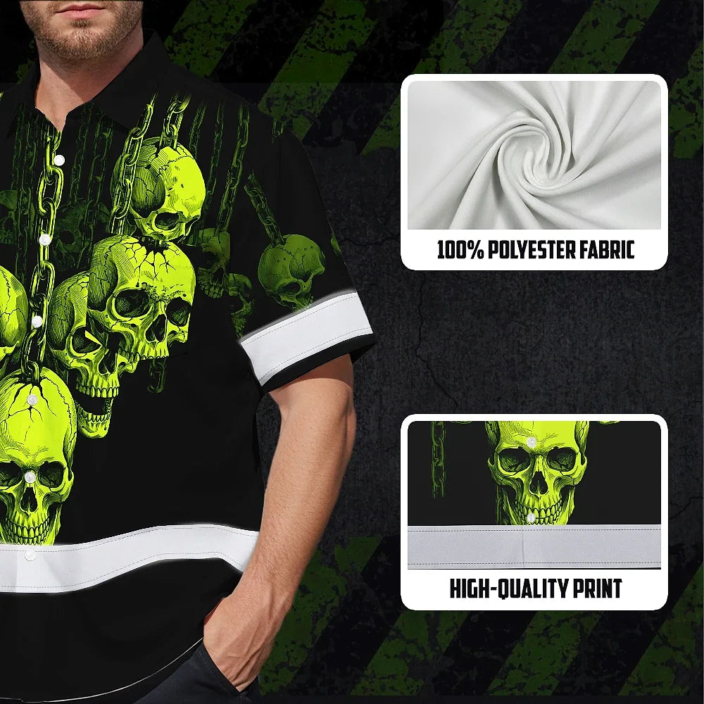 Hi Vis Hawaiian Shirt Reflective Tapes Lime Neon Skull Chain Custom Name Safety Workwear For Workers, Truckers, Operators