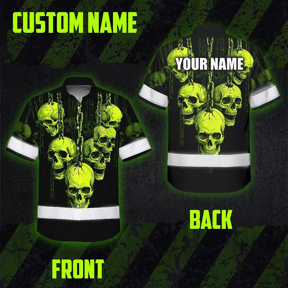 Hi Vis Hawaiian Shirt Reflective Tapes Lime Neon Skull Chain Custom Name Safety Workwear For Workers, Truckers, Operators