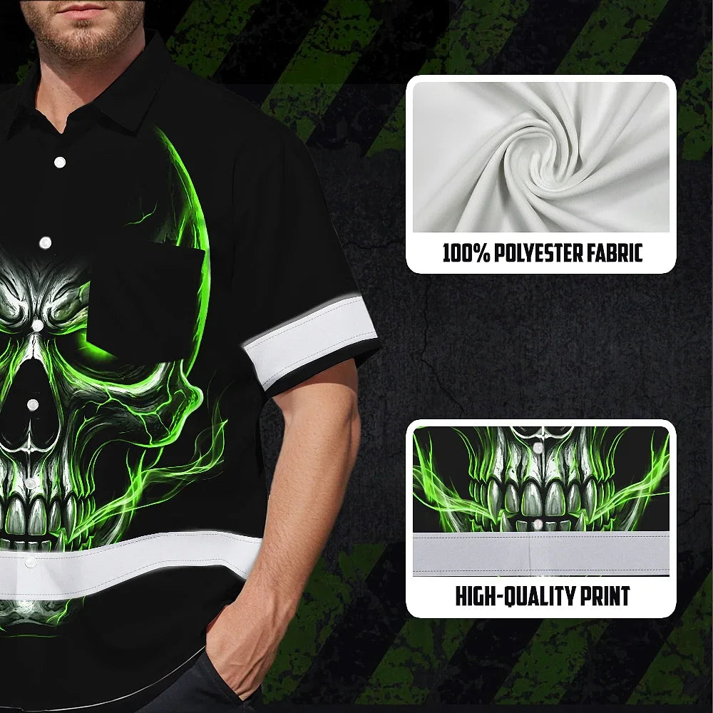 Hi Vis Hawaiian Shirt Reflective Tapes Lime Neon Skull Custom Name Safety Workwear For Workers, Truckers, Operators
