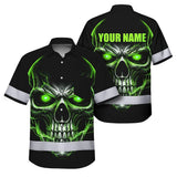 Hi Vis Hawaiian Shirt Reflective Tapes Lime Neon Skull Custom Name Safety Workwear For Workers, Truckers, Operators