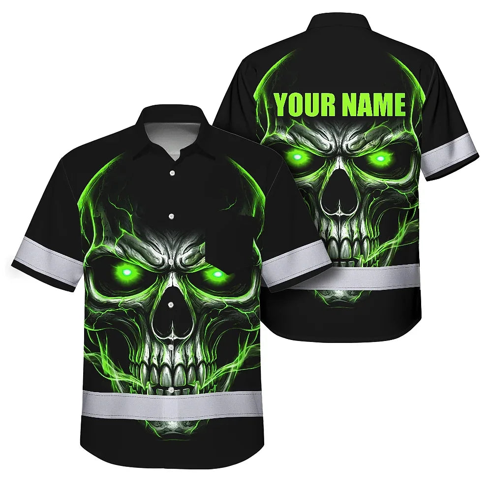 Hi Vis Hawaiian Shirt Reflective Tapes Lime Neon Skull Custom Name Safety Workwear For Workers, Truckers, Operators