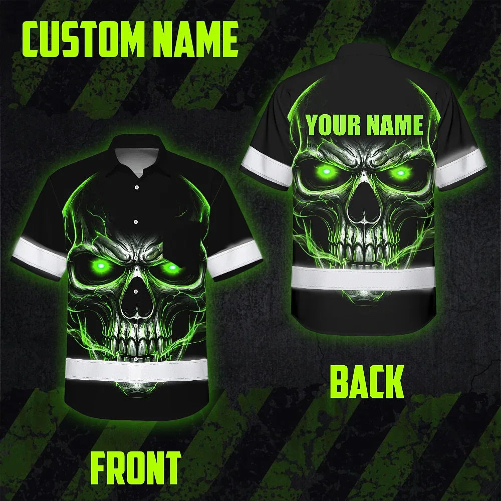 Hi Vis Hawaiian Shirt Reflective Tapes Lime Neon Skull Custom Name Safety Workwear For Workers, Truckers, Operators