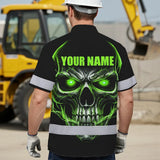 Hi Vis Hawaiian Shirt Reflective Tapes Lime Neon Skull Custom Name Safety Workwear For Workers, Truckers, Operators
