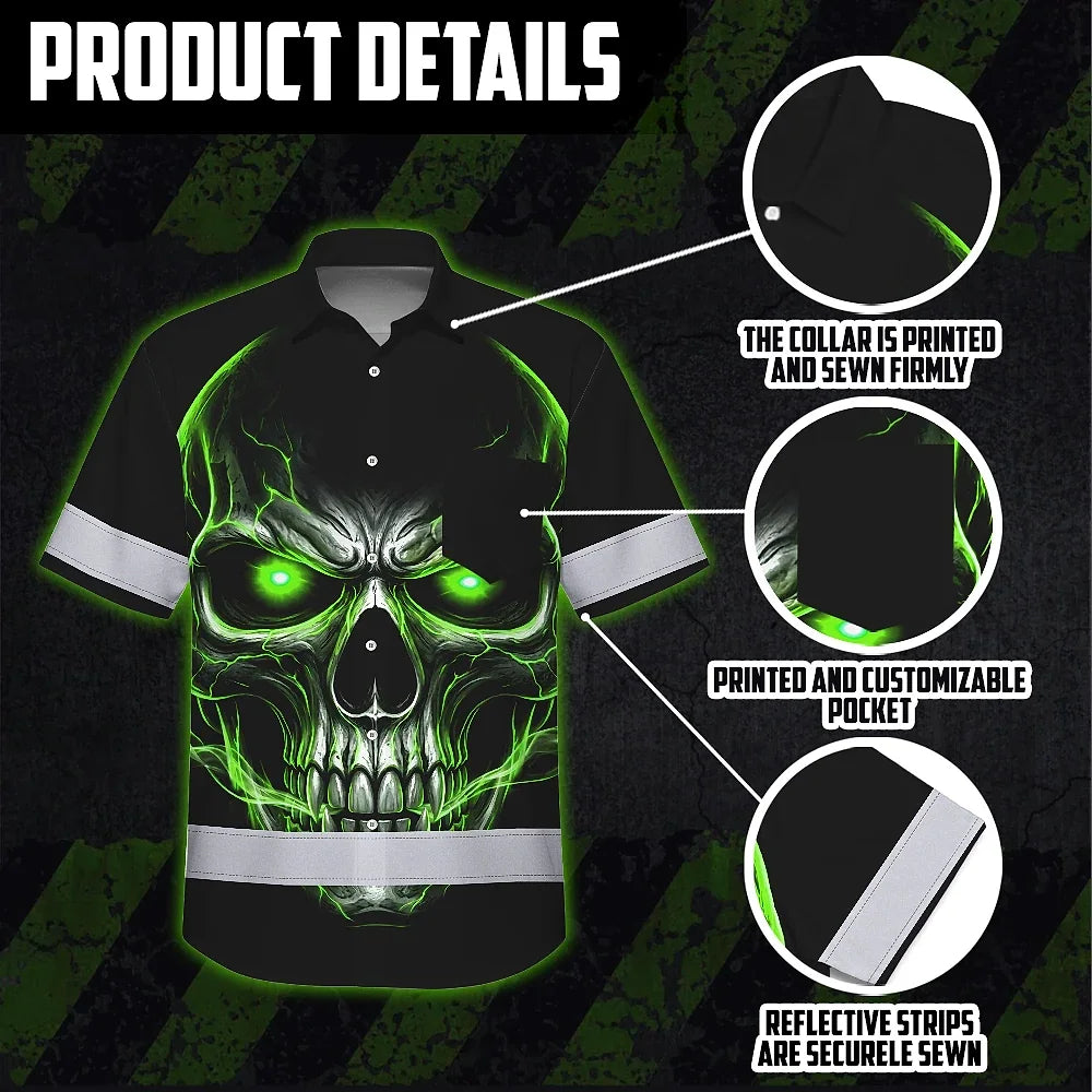 Hi Vis Hawaiian Shirt Reflective Tapes Lime Neon Skull Custom Name Safety Workwear For Workers, Truckers, Operators