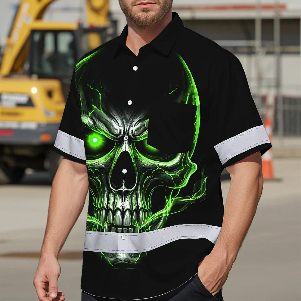 Hi Vis Hawaiian Shirt Reflective Tapes Lime Neon Skull Custom Name Safety Workwear For Workers, Truckers, Operators