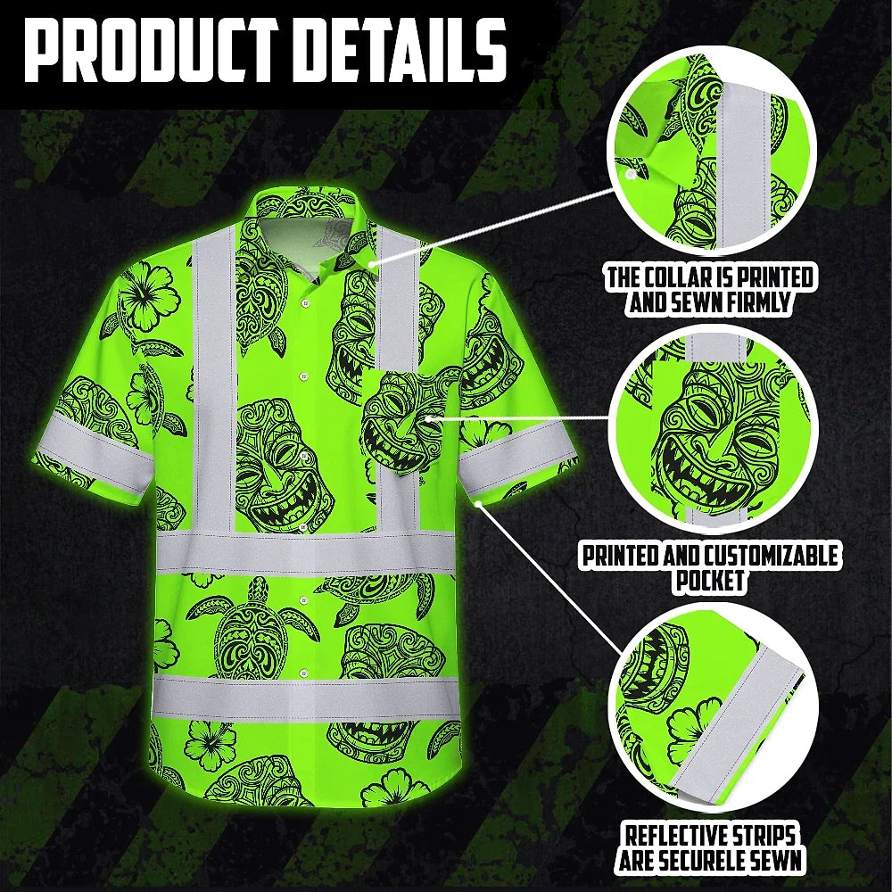 Hi Vis Hawaiian Shirt Reflective Tapes Lime Neon Tiki Custom Name Safety Workwear For Workers, Truckers, Operators
