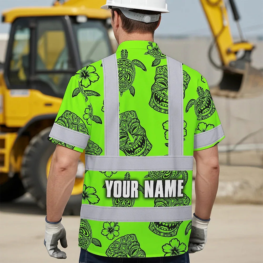 Hi Vis Hawaiian Shirt Reflective Tapes Lime Neon Tiki Custom Name Safety Workwear For Workers, Truckers, Operators