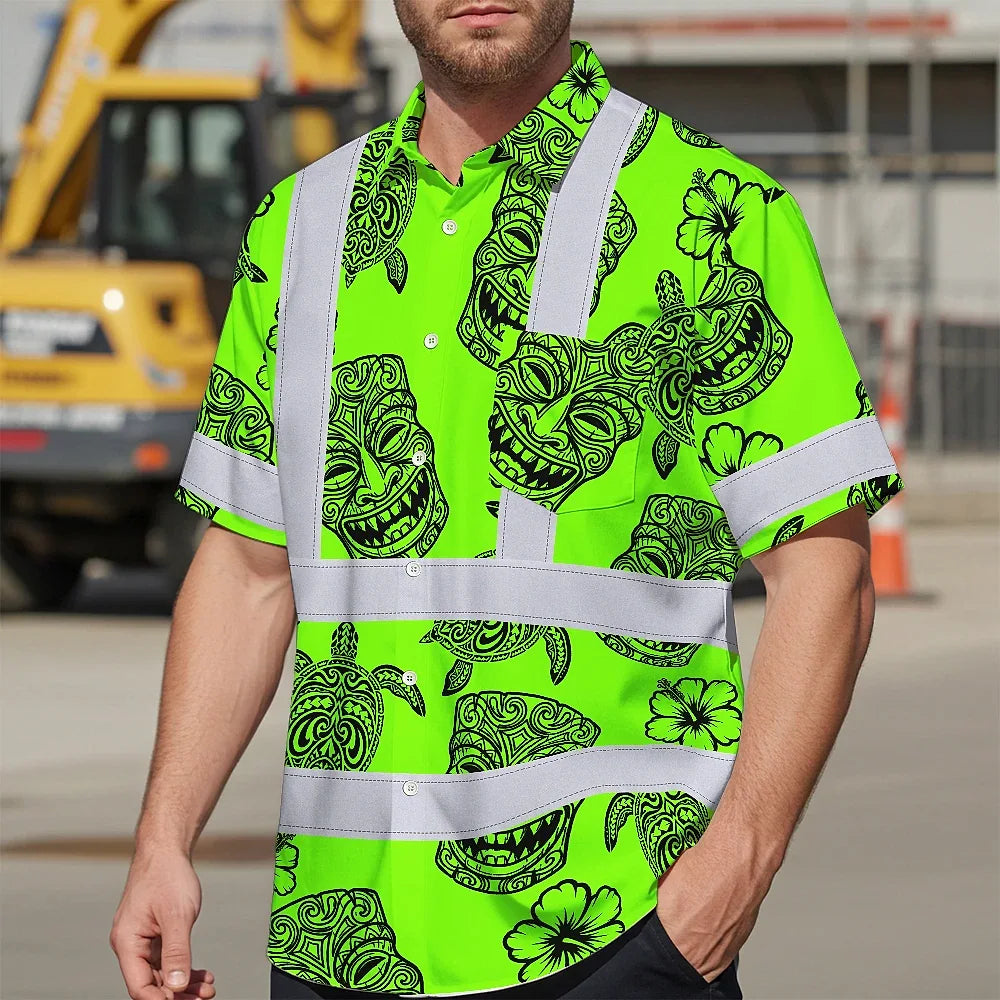 Hi Vis Hawaiian Shirt Reflective Tapes Lime Neon Tiki Custom Name Safety Workwear For Workers, Truckers, Operators