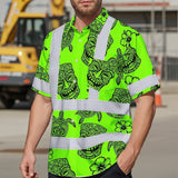 Hi Vis Hawaiian Shirt Reflective Tapes Lime Neon Tiki Custom Name Safety Workwear For Workers, Truckers, Operators
