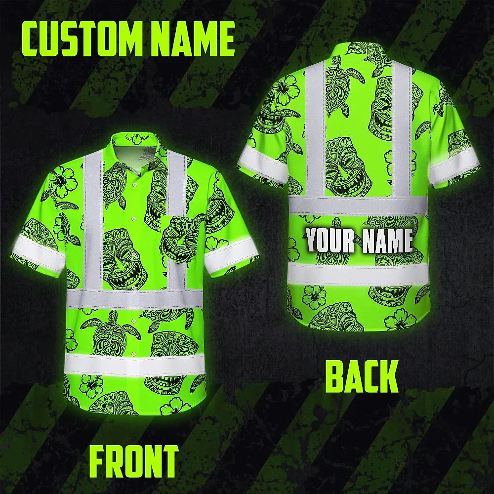 Hi Vis Hawaiian Shirt Reflective Tapes Lime Neon Tiki Custom Name Safety Workwear For Workers, Truckers, Operators