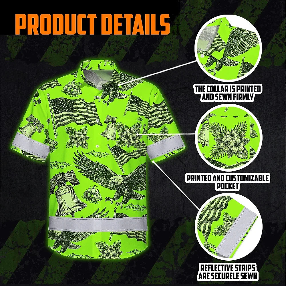 Hi Vis Hawaiian Shirt Reflective Tapes Lime Neon US Flag Flower Custom Name Safety Workwear For Workers, Truckers, Operators, Independence