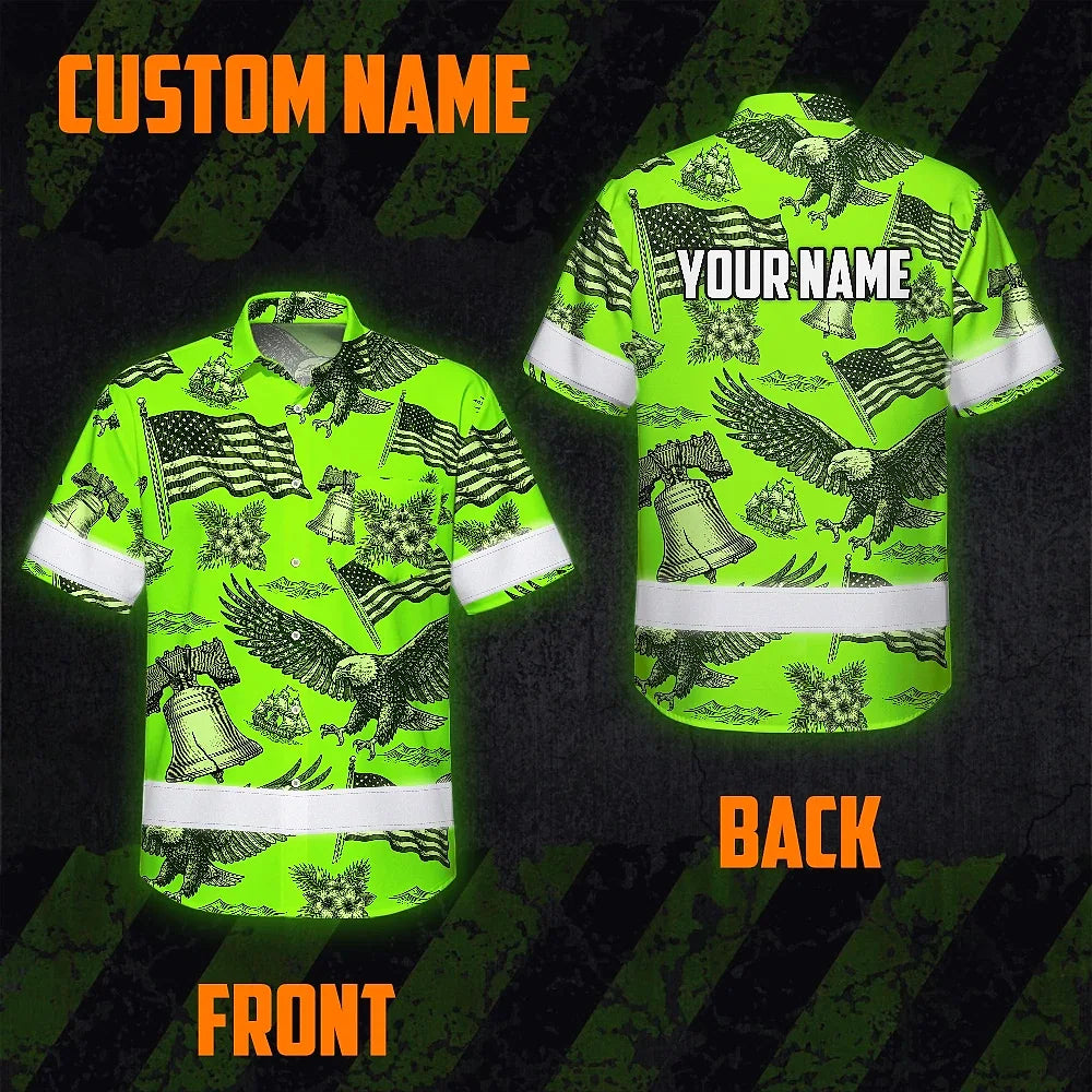 Hi Vis Hawaiian Shirt Reflective Tapes Lime Neon US Flag Flower Custom Name Safety Workwear For Workers, Truckers, Operators, Independence
