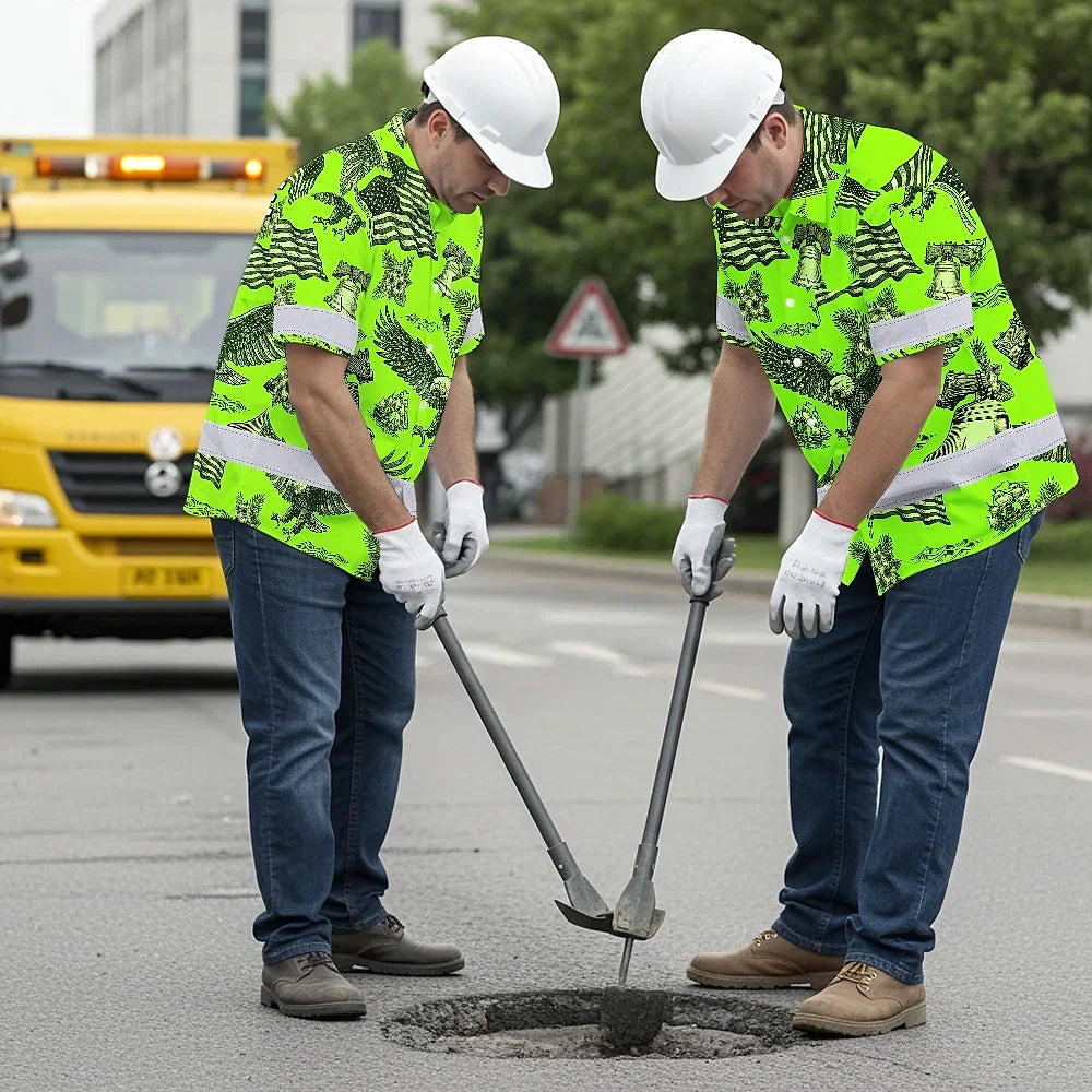 Hi Vis Hawaiian Shirt Reflective Tapes Lime Neon US Flag Flower Custom Name Safety Workwear For Workers, Truckers, Operators, Independence
