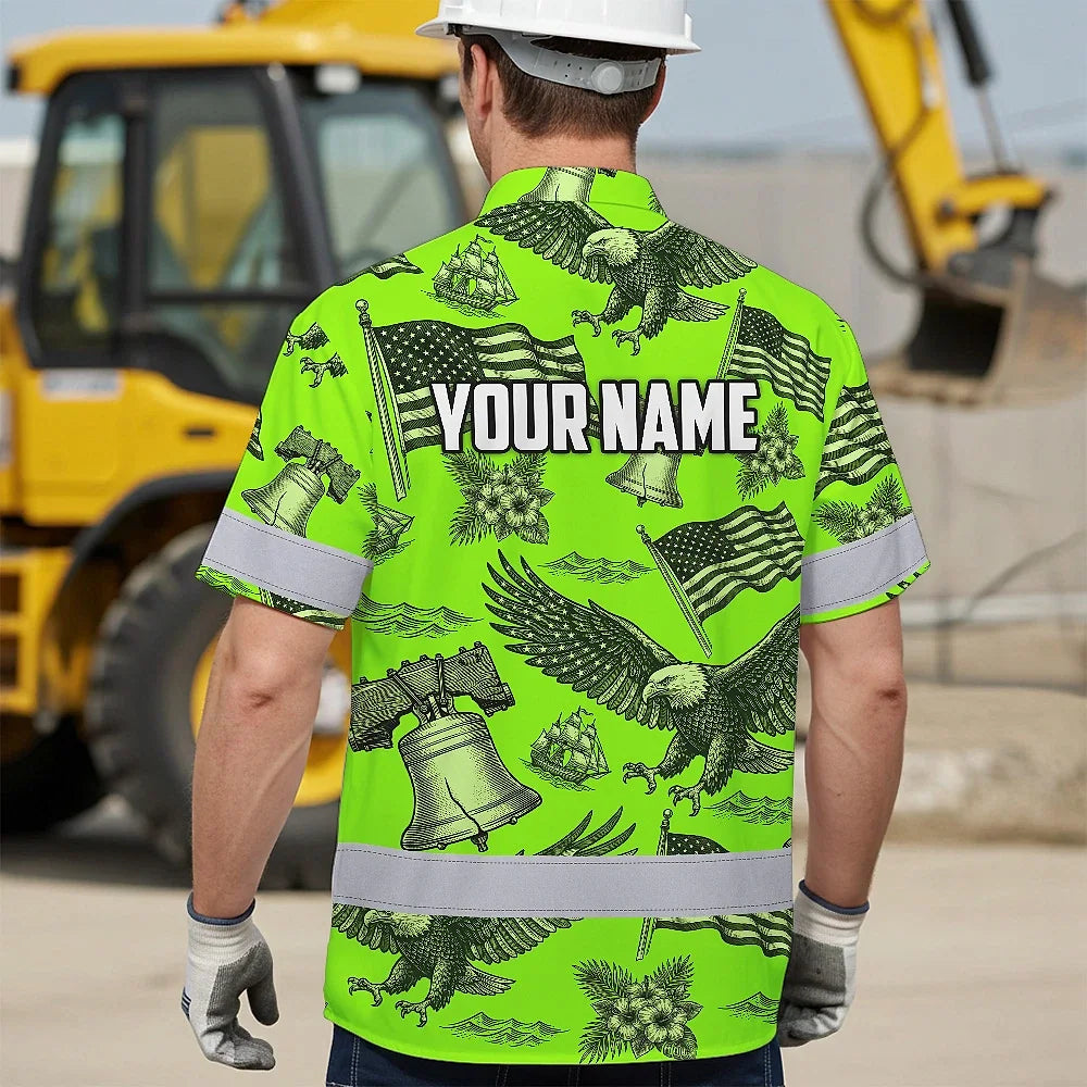 Hi Vis Hawaiian Shirt Reflective Tapes Lime Neon US Flag Flower Custom Name Safety Workwear For Workers, Truckers, Operators, Independence
