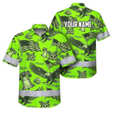 Hi Vis Hawaiian Shirt Reflective Tapes Lime Neon US Flag Flower Custom Name Safety Workwear For Workers, Truckers, Operators, Independence