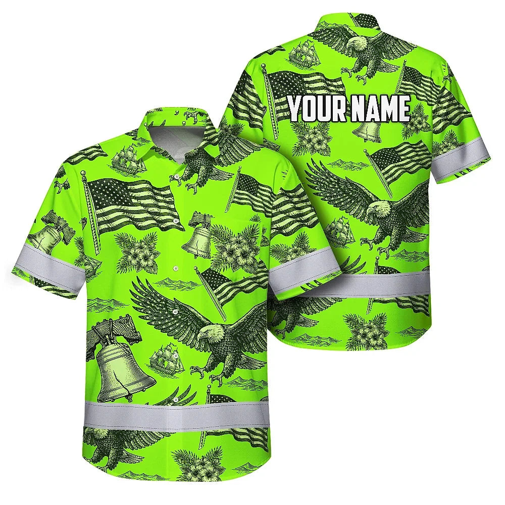 Hi Vis Hawaiian Shirt Reflective Tapes Lime Neon US Flag Flower Custom Name Safety Workwear For Workers, Truckers, Operators, Independence