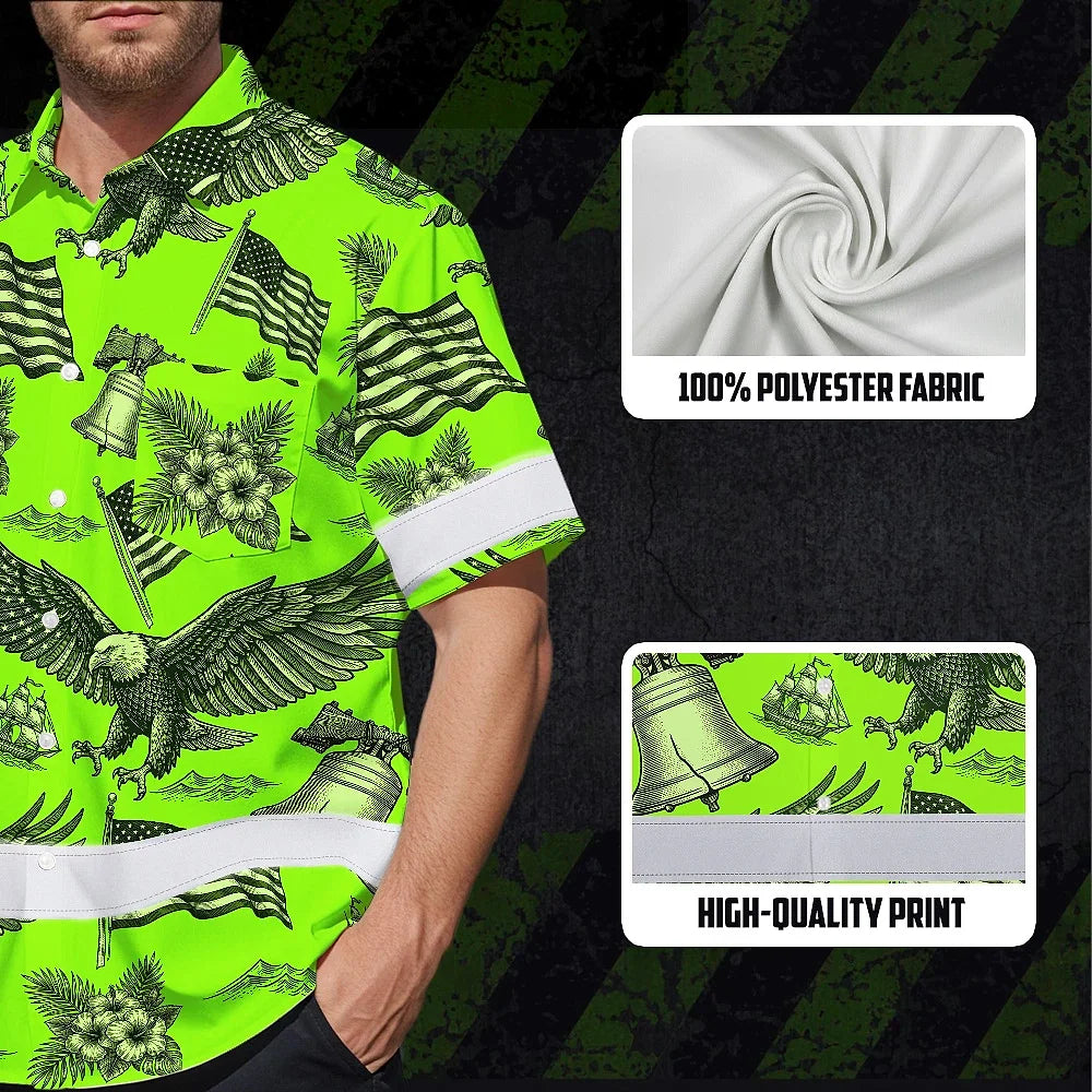 Hi Vis Hawaiian Shirt Reflective Tapes Lime Neon US Flag Flower Custom Name Safety Workwear For Workers, Truckers, Operators, Independence
