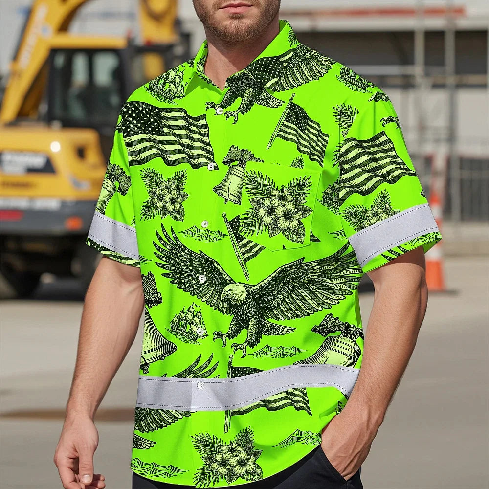 Hi Vis Hawaiian Shirt Reflective Tapes Lime Neon US Flag Flower Custom Name Safety Workwear For Workers, Truckers, Operators, Independence
