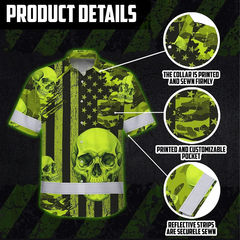 Hi Vis Hawaiian Shirt Reflective Tapes Lime Neon US Flag Skull Custom Name Safety Workwear For Workers, Truckers, Operators