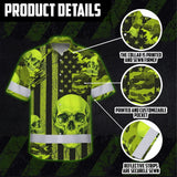 Hi Vis Hawaiian Shirt Reflective Tapes Lime Neon US Flag Skull Custom Name Safety Workwear For Workers, Truckers, Operators