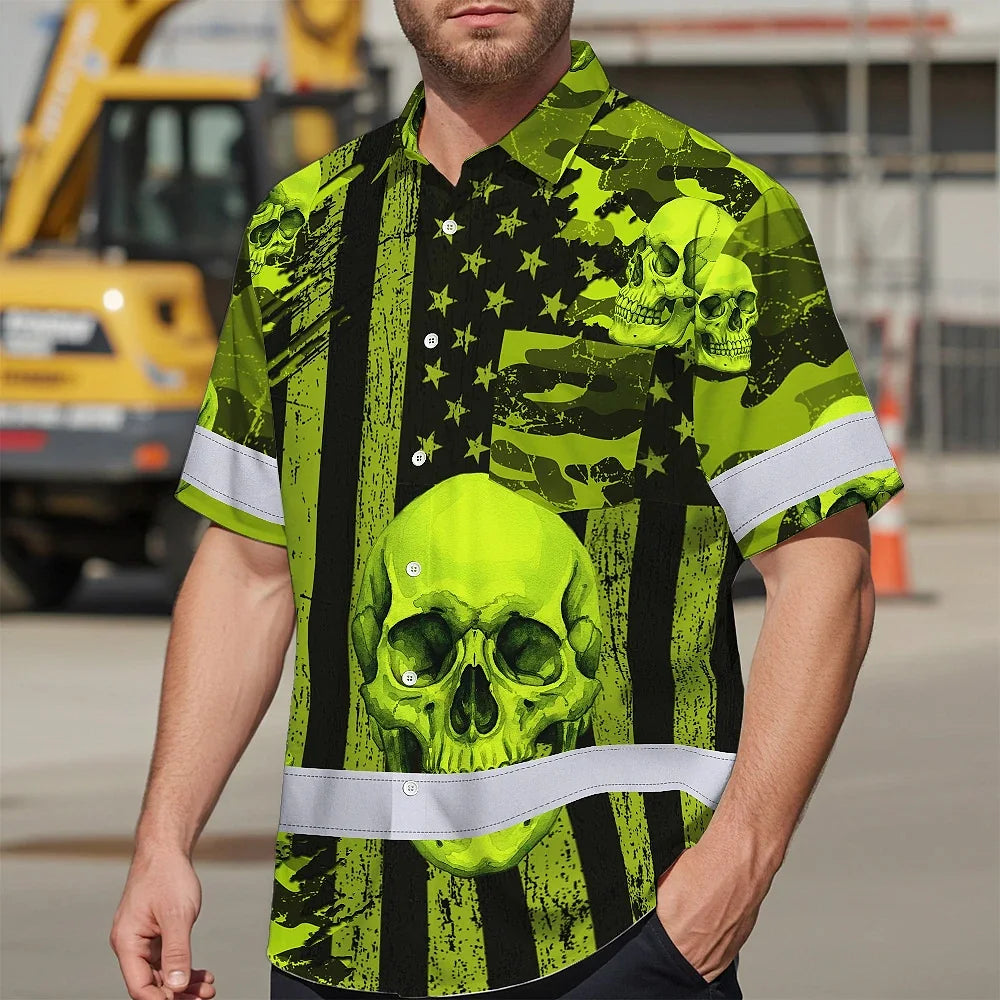 Hi Vis Hawaiian Shirt Reflective Tapes Lime Neon US Flag Skull Custom Name Safety Workwear For Workers, Truckers, Operators