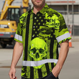 Hi Vis Hawaiian Shirt Reflective Tapes Lime Neon US Flag Skull Custom Name Safety Workwear For Workers, Truckers, Operators