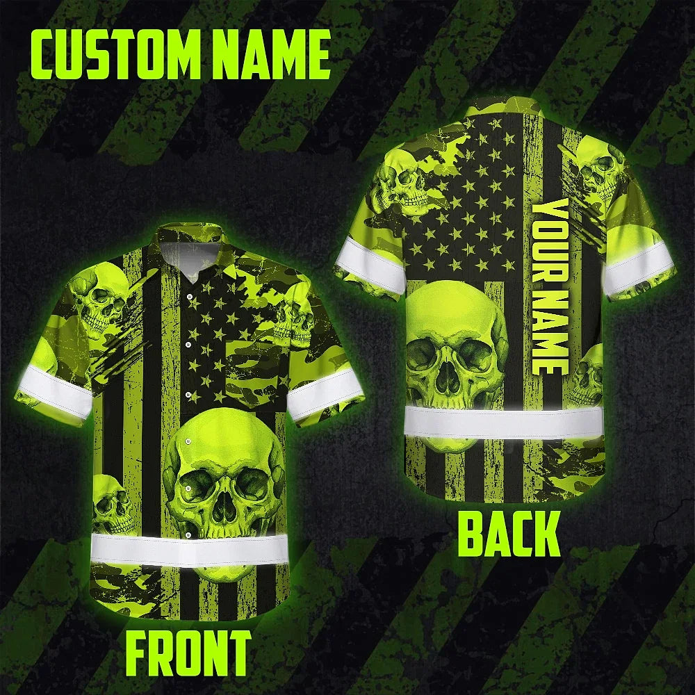 Hi Vis Hawaiian Shirt Reflective Tapes Lime Neon US Flag Skull Custom Name Safety Workwear For Workers, Truckers, Operators